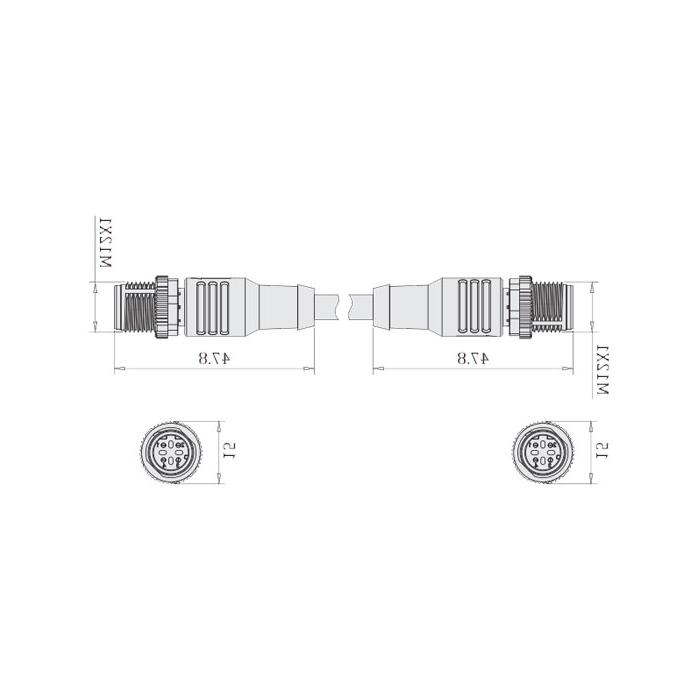 M12 4Pin D-coded、公头直型转公头直型、双端预铸PVC非柔性电缆、带屏蔽、灰色护套、64DD27-XXX